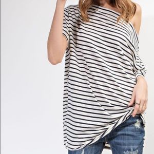 Stripe Knit Short Sleeve One Shoulder Top